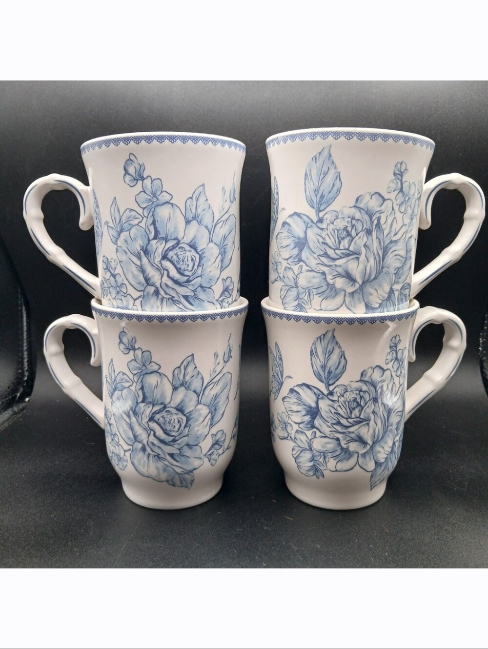New! The Pioneer Woman 4 Blue Agatha Floral 13 Ounce Stoneware Mug Cup Set Lot
